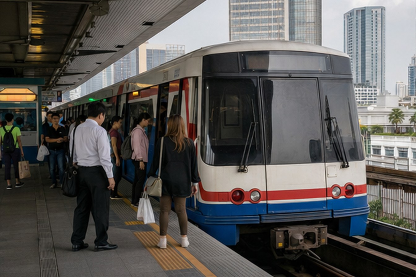 Поезд BTS Skytrain у платформы в современном центре Бангкока